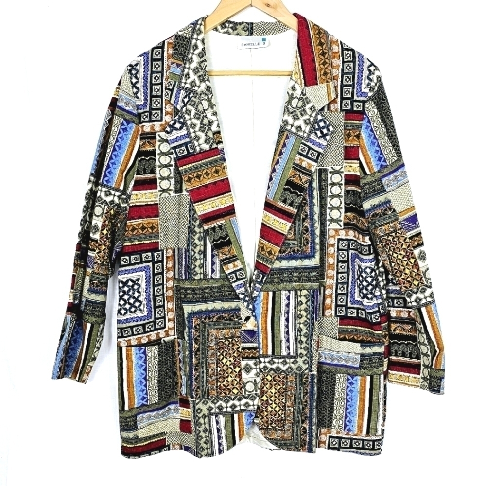 Vintage Danielle B. Art To Wear Abstract Print Cotton/Linen Blend Blazer Size L